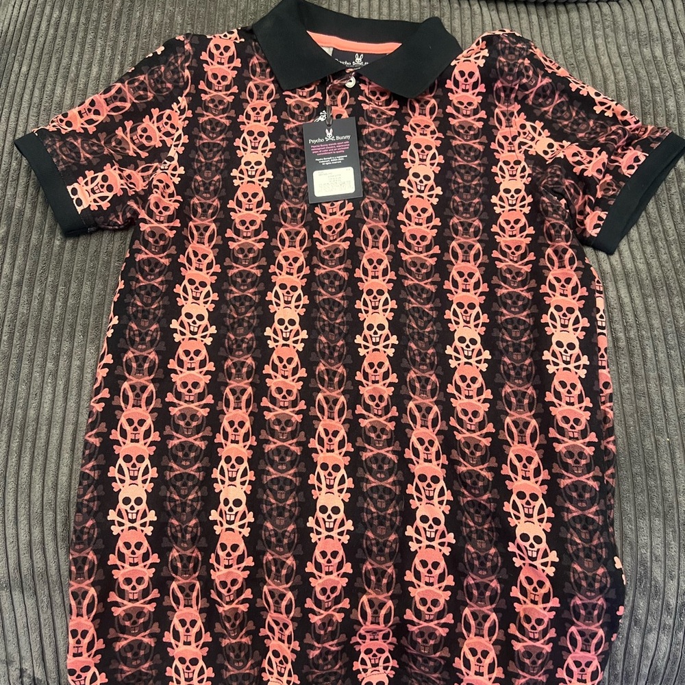 Psycho Bunny Men's Black and Pink Polo Shirt